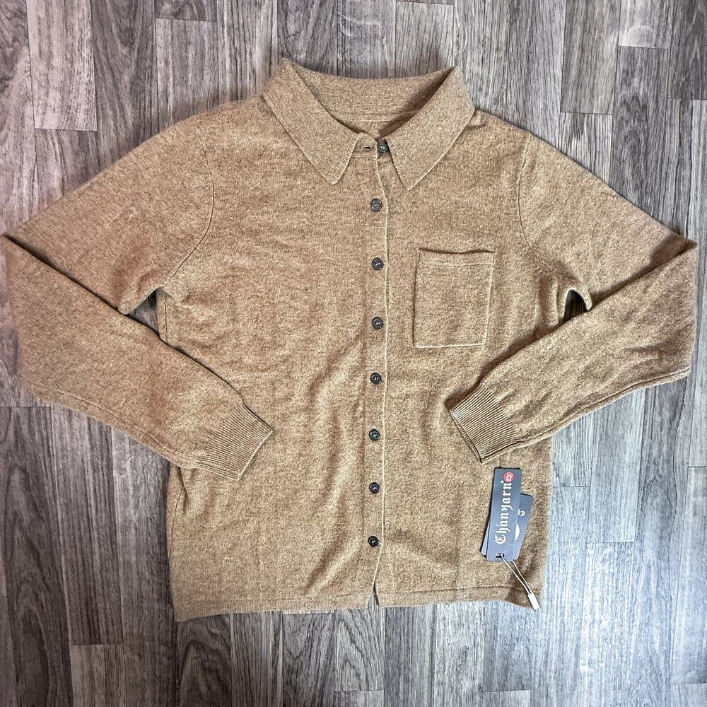Chanyarn Merino Wool Knit Cardigan Sweater NWT Tan Button Front Size S